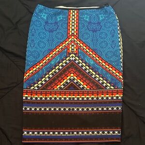 Bisou Bisou Blue and Red Geometric Pencil Skirt